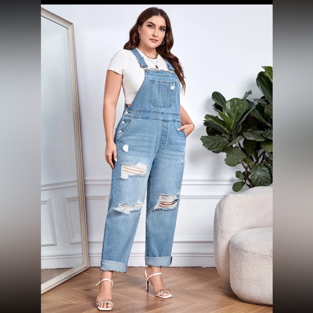 Ripped Slant Pocket Denim Overalls - Light Wash